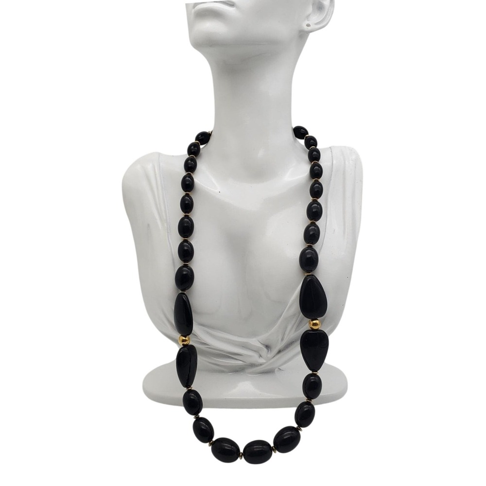 Napier Black & Gold Beaded Necklace Acrylic Graduated Barrel Beads MCM 1960s